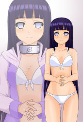 Rule 34 | 1girl, bare shoulders, bikini, black hair, blunt bangs, blush, breasts, cleavage, forehead protector, front-tie top, gradient background, groin, highres, hime cut, hyuuga hinata, kenken, long hair, looking at viewer, naruto, naruto (series), navel, own hands clasped, own hands together, purple eyes, purple hair, smile, solo, standing, swimsuit, white bikini, white eyes, zoom layer