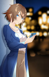 Rule 34 | 1girl, absurdres, alternate costume, blue eyes, blue jacket, blurry, blurry background, brown hair, brown pants, casual, cellphone, hair between eyes, highres, jacket, looking at viewer, nail polish, pants, parted lips, philia (sao), phone, pink nails, segina04, shirt, short hair, smartphone, solo, sword art online, white shirt