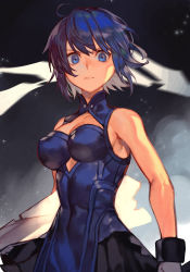 Rule 34 | 1girl, bare shoulders, black gloves, black skirt, blue eyes, blue hair, blue shirt, breasts, ciel (tsukihime), cleavage, cleavage cutout, closed mouth, clothing cutout, gloves, hair between eyes, hungry clicker, looking at viewer, medium breasts, melty blood, melty blood: type lumina, pleated skirt, powered ciel, shaded face, shirt, short hair, skirt, sleeveless, sleeveless shirt, solo, tsukihime, tsukihime (remake)
