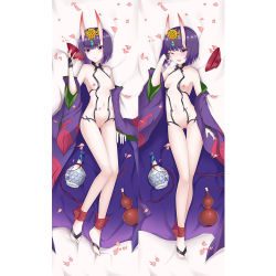 Rule 34 | 1girl, ankle ribbon, bare shoulders, barefoot sandals (jewelry), blush, bob cut, breasts, bridal gauntlets, closed mouth, collarbone, cup, dakimakura (medium), erspace, eyeliner, fate/grand order, fate (series), full body, gluteal fold, headpiece, horns, japanese clothes, jar, kimono, leg ribbon, legs, long sleeves, looking at viewer, makeup, multiple views, navel, nipples, one eye closed, oni, open clothes, open kimono, open mouth, petals, purple eyes, purple hair, purple kimono, red ribbon, revealing clothes, ribbon, sakazuki, short eyebrows, short hair, shuten douji (fate), skin-covered horns, wide sleeves