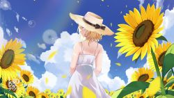 Rule 34 | 1girl, alternate costume, blonde hair, blue eyes, blue sky, cloud, dress, field, flower, flower field, hat, highres, hololive, hololive english, landacdeus, looking at viewer, looking back, petals, short hair, sky, smile, solo, straw hat, summer, sundress, sunflower, sunflower field, virtual youtuber, watson amelia, white dress