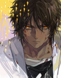 Rule 34 | 1boy, arknights, black shirt, blood, blood on clothes, blood on face, bright pupils, brown hair, earclip, earrings, jewelry, male focus, shirt, short hair, solo, thorns (arknights), upper body, xiandao1213, yellow background, yellow eyes