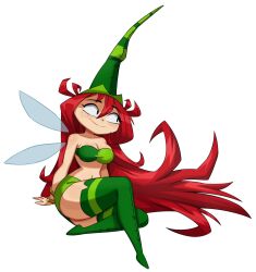 Rule 34 | 1girl, betilla (rayman), body freckles, breasts, cleavage, collarbone, fairy wings, flowers-imh, freckles, green footwear, green headwear, green wristband, highres, large breasts, long hair, looking to the side, rayman origins, red hair, simple background, sitting, smile, solo, thick thighs, thighs, very long hair, white background, wings, wristlet, yellow wristband