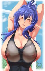 Rule 34 | 1girl, areola slip, armpits, arms up, blue hair, blush, borrowed character, breasts, cleavage, cloud, collarbone, day, elf, grass, hair intakes, highres, huge breasts, long hair, looking at viewer, nipples, one-piece swimsuit, orange eyes, original, parted lips, pekoneko, pointy ears, see-through, sideboob, sky, slit pupils, solo, stretching, swimsuit