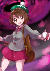 Rule 34 | 1girl, absurdres, backpack, bad id, bad pixiv id, bag, blush, bob cut, brown bag, brown eyes, brown hair, buttons, cardigan, collared dress, commentary request, creatures (company), dress, dynamax band, eyelashes, game freak, gloria (pokemon), green hat, grey cardigan, hair between eyes, hat, highres, holding, holding poke ball, looking at viewer, miyama (yakinikusushi the royal), nintendo, open mouth, outstretched arms, pink dress, poke ball, poke ball (basic), pokemon, pokemon swsh, revision, solo, tam o&#039; shanter, teeth, tongue, upper teeth only
