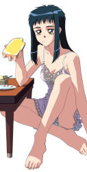 Rule 34 | 1990s (style), 1girl, absurdres, barefoot, blue hair, bread slice, butter, eating, face, feet, food, highres, legs, long hair, neo ranga, official art, plate, retro artstyle, shimabara yuuhi, simple background, solo, toast, white background