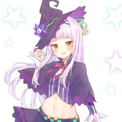 Rule 34 | 1girl, bad id, bad twitter id, blunt bangs, capelet, commentary request, crop top, groin, hair bun, hair ornament, hand on headwear, hat, highres, holding, holding clothes, holding hat, hololive, light purple hair, long hair, looking at viewer, midriff, murasaki shion, murasaki shion (1st costume), navel, pinstripe pattern, pinstripe shirt, shirt, single hair bun, single side bun, solo, star (symbol), striped clothes, striped shirt, vertical-striped clothes, vertical-striped shirt, village cat, virtual youtuber, white background, witch hat, yellow eyes