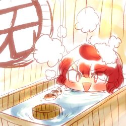 Rule 34 | 1other, :d, androgynous, bathing, bathtub, bird, commentary request, indoors, len&#039;en, no nose, open mouth, other focus, red eyes, red hair, shitodo hooaka, short hair, sketch, smile, soap bubbles, solo, v-shaped eyebrows, wooden bathtub, yukkyon kyon