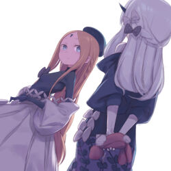 Rule 34 | 2girls, abigail williams (event portrait) (fate), abigail williams (fate), absurdres, arms behind back, black dress, black gloves, black headwear, blonde hair, blue eyes, bodystocking, braid, breasts, daisi gi, dress, fate/grand order, fate (series), forehead, french braid, gloves, grey dress, hat, highres, horns, keyhole, lavinia whateley (fate), long hair, long sleeves, multiple girls, off shoulder, parted bangs, sidelocks, single horn, small breasts, stuffed toy, white hair