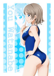 Rule 34 | 10s, 1girl, ass, blue eyes, blue one-piece swimsuit, brown hair, character name, competition swimsuit, finger to mouth, from side, hand on own hip, highres, index finger raised, looking at viewer, love live!, love live! sunshine!!, one-piece swimsuit, profile, sazanami tarou, short hair, smile, solo, standing, swimsuit, watanabe you, zoom layer