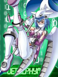 Rule 34 | 1girl, aircraft, airplane, artist request, ass, blue hair, boots, breasts, character name, digimon, digimon (creature), digimon collectors, elbow gloves, female focus, gauntlets, gloves, green background, halterneck, helmet, jetsilphymon, leg lift, leg up, looking at viewer, lowres, mask, monster girl, mouth mask, official art, pasties, pinwheel, red eyes, short hair, shoulder pads, sitting, solo, staff, thrusters, turbine, wings, zipper