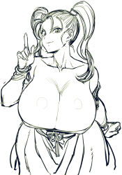 Rule 34 | 1girl, bare shoulders, breasts, cleavage, collarbone, dragon quest, dragon quest viii, dress, huge breasts, jessica albert, leaning forward, long hair, long sleeves, looking at viewer, monochrome, sketch, smug, solo, spacezin, twintails