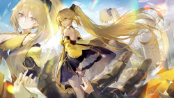 Rule 34 | 1girl, absurdres, bare shoulders, blonde hair, blue sky, blurry, bokeh, breasts, city, closed mouth, day, depth of field, dress, floating hair, flying paper, forever 7th capital, hair between eyes, halterneck, highres, holding hands, interlocked fingers, lens flare, long hair, looking at viewer, looking back, medium breasts, multiple views, outstretched hand, paper, rei (forever 7th capital), ruoganzhao, side ponytail, sky, smile, standing, very long hair, wide sleeves, yellow dress, yellow eyes