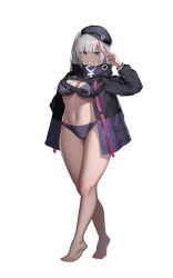 Rule 34 | 1girl, absurdres, bare shoulders, barefoot, beret, bikini, blue eyes, blunt bangs, breasts, cero (last2stage), cleavage, commission, curvy, full body, girls&#039; frontline, grey hair, grin, hand on own hip, hat, heterochromia, highres, jacket, large breasts, long hair, looking at viewer, mdr (girls&#039; frontline), medium breasts, multicolored hair, navel, pink hair, red eyes, side ponytail, simple background, smile, solo, streaked hair, swimsuit, tiptoes, v, white background, wide hips