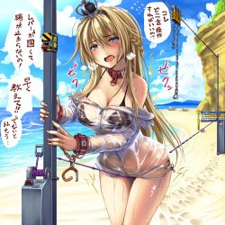Rule 34 | 1girl, bdsm, beach, bikini, black bikini, blonde hair, blue eyes, blue sky, blush, bondage, bound, bound wrists, braid, breasts, collar, crown, cuffs, day, dress, french braid, hair between eyes, handcuffs, heavy breathing, highres, jewelry, kantai collection, long hair, long sleeves, looking at viewer, mini crown, monikano, necklace, ocean, off-shoulder dress, off shoulder, open mouth, sand, see-through, side-tie bikini bottom, sky, slave, solo, swimsuit, text focus, thighs, translation request, trembling, warspite (kancolle), wet, wet clothes