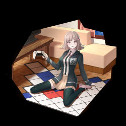 Rule 34 | 1girl, absurdres, aniya froh, black shirt, black thighhighs, breasts, brown skirt, checkered floor, collared shirt, commentary request, danganronpa (series), danganronpa 2: goodbye despair, dress shirt, flipped hair, galaga, hair ornament, highres, holding, indoors, jacket, large breasts, looking at viewer, medium hair, nanami chiaki, neck ribbon, open clothes, open jacket, open mouth, pink eyes, pink footwear, pink ribbon, playstation controller, pleated skirt, ribbon, shirt, shirt tucked in, shoes, sitting, skindentation, skirt, solo, table, television, thighhighs, wariza, white shirt