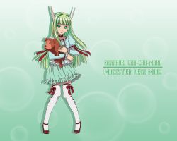 Rule 34 | 00s, 1girl, android, animal, animal ears, animal hands, aqua shirt, artist request, bow, bubble, bubble background, buckle, carrying, character name, choker, dog, dog ears, frilled sleeves, frills, fur, green background, green eyes, green hair, green skirt, hime cut, holding, holding animal, karakuri chachamaru, long hair, looking at viewer, mahou sensei negima!, matching hair/eyes, no pupils, open mouth, ribbon, shirt, shoes, skirt, standing, text focus, thighhighs, very long hair