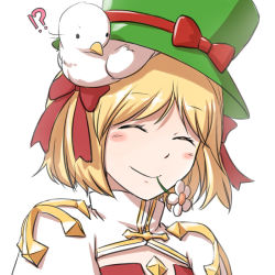 Rule 34 | !?, 1girl, animal, animal on head, arch bishop (ragnarok online), bird, bird on head, blonde hair, bow, cleavage cutout, closed eyes, closed mouth, clothing cutout, commentary request, cross, dress, flower, flower in mouth, green hat, hair bow, hat, hat bow, juliet sleeves, long sleeves, natsuya (kuttuki), on head, puffy sleeves, ragnarok online, red bow, short hair, simple background, smile, solo, top hat, two-tone dress, upper body, white background, white dress, white flower