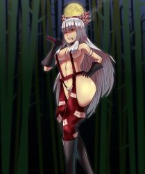 Rule 34 | 1girl, abs, adapted costume, bamboo, bamboo forest, bdsm, black gloves, blunt bangs, boots, bow, breasts, cigar, collar, d:, d:&lt;, dominatrix, female focus, forest, fujiwara no mokou, full moon, gloves, hair bow, hair censor, hair over breasts, hand on own hip, hime cut, knee boots, long hair, medium breasts, moon, nature, navel, night, no bra, open mouth, outdoors, pants, red eyes, revealing clothes, riding crop, sekiyu (spartan), slingshot swimsuit, solo, spiked collar, spikes, straight hair, suspenders, swimsuit, topless, touhou, underboob, v-shaped eyebrows, very long hair, walking, whip, white hair, wide hips