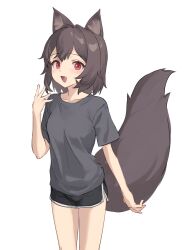Rule 34 | 1girl, :d, absurdres, animal ears, arm at side, black shirt, black shorts, blush, brown hair, collarbone, dot nose, ellu, fang, fox ears, fox girl, fox tail, gym shorts, hair intakes, hand up, highres, legs apart, looking at viewer, medium hair, open mouth, original, red eyes, shirt, short shorts, short sleeves, shorts, sidelocks, simple background, smile, solo, t-shirt, tail, white background