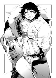 Rule 34 | animal, animal on shoulder, artemis (fate), bare pectorals, bear, bracelet, breasts, dress, fate/grand order, fate (series), fingerless gloves, gloves, greyscale, height difference, highres, jewelry, large breasts, long hair, monochrome, muscular, orion (bear) (fate), super orion (fate), pectorals, signature, smile, strapless, strapless dress, thick eyebrows