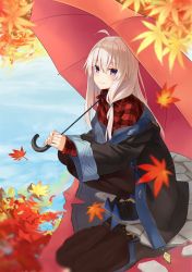 Rule 34 | 1girl, ahoge, autumn leaves, azuuru, black coat, black footwear, black pantyhose, blurry, blurry foreground, closed mouth, coat, collared shirt, commentary request, day, elaina (majo no tabitabi), hair between eyes, hair ornament, high heels, highres, holding, holding umbrella, leaf, long hair, long sleeves, looking at viewer, majo no tabitabi, maple leaf, off shoulder, outdoors, pantyhose, pavement, plaid, plaid shirt, purple eyes, red shirt, reflection, shirt, sidelocks, smile, solo, squatting, textless version, umbrella, water, white hair, wide sleeves