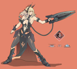 Rule 34 | 1girl, alva, armband, armor, blonde hair, bodysuit, breasts, cleavage, gun, highres, large breasts, logo, long hair, red eyes, solo, thighhighs, weapon