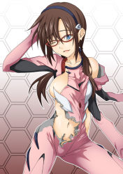 Rule 34 | 00s, 1girl, arm behind head, bodysuit, breasts, brown hair, censored, convenient censoring, evangelion: 2.0 you can (not) advance, female focus, glasses, gradient background, hairband, head tilt, kuronyan, long hair, makinami mari illustrious, navel, neon genesis evangelion, off shoulder, open mouth, plugsuit, rebuild of evangelion, skin tight, solo, torn clothes, twintails, wince