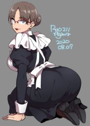 Rule 34 | 1girl, agawa ryou, artist name, ass, blue eyes, breasts, dated, from behind, glasses, grey background, hair bun, large breasts, lipstick, looking at viewer, looking back, maid, makeup, original, red-framed eyewear, signature, simple background, single hair bun, solo
