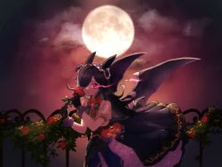 Rule 34 | 1girl, 4963 nkym, animal ears, black bow, black bowtie, black gloves, black hair, black skirt, black wings, blue flower, blue rose, bow, bowtie, brooch, closed mouth, cloud, cloudy sky, commentary, demon wings, flower, frilled hairband, frills, frown, full moon, gloves, glowing, glowing eyes, hair flower, hair ornament, hair over one eye, hairband, halloween, halloween costume, holding, holding flower, horse ears, horse girl, jack-o&#039;-lantern ornament, jewelry, long hair, looking at viewer, medium skirt, moon, night, night sky, orange bow, outdoors, puffy short sleeves, puffy sleeves, purple eyes, purple hairband, red flower, red rose, rice shower (make up vampire!) (umamusume), rice shower (umamusume), rose, shirt, short sleeves, skirt, sky, solo, standing, umamusume, white shirt, wings