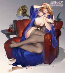 Rule 34 | 1girl, black bow, black bra, blonde hair, blue bow, blue robe, blush, bow, bra, breasts, cleavage, couch, des moines (warship girls r), finger to own chin, flower, hair between eyes, highres, large breasts, lingerie, long hair, lying, on side, one eye closed, petals, phonograph, plant, robe, rose, smile, solo, thighhighs, underwear, warship girls r, windforcelan