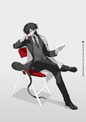 Rule 34 | 1boy, absurdres, alternate costume, arknights, artist name, black footwear, black necktie, black pants, black suit, black vest, chair, coat, coat on shoulders, collared shirt, commentary, corroserum (arknights), dated, english commentary, english text, folding chair, formal, grey background, highres, holding, holding paper, holding pen, jacknife, jewelry, long hair, long sleeves, looking at viewer, male focus, multiple rings, necktie, pants, paper, pen, pointy ears, ring, shirt, simple background, sitting, slit pupils, smile, snake boy, snake tail, solo, suit, tail, vest, white coat, white shirt, yellow eyes