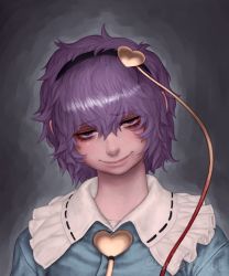 Rule 34 | 1girl, black ribbon, blouse, blue shirt, blush, closed mouth, collared shirt, commentary request, envenomist (gengoroumaru), frilled shirt collar, frills, hair between eyes, hair ornament, half-closed eyes, head tilt, heart, heart hair ornament, highres, komeiji satori, looking at viewer, messy hair, portrait, purple eyes, purple hair, ribbon, ribbon-trimmed collar, ribbon trim, shirt, short hair, sidelocks, smile, solo, string, touhou, twitter username