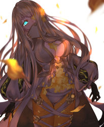 Rule 34 | 1girl, black gloves, blonde hair, blue eyes, breasts, cleavage, cleavage cutout, clothing cutout, energy, flower, gloves, glowing, glowing eyes, high collar, highres, large breasts, legband, long hair, long sleeves, ojo aa, open clothes, panties, petals, rapunzel (sinoalice), sidelocks, sinoalice, solo, underwear, very long hair, white background, yellow flower