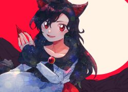 Rule 34 | 1girl, animal ears, brooch, brown hair, collarbone, dress, fingernails, frilled sleeves, frills, imaizumi kagerou, itomugi-kun, jewelry, long fingernails, long hair, long sleeves, looking at viewer, nail polish, open mouth, red dress, red eyes, red nails, sharp fingernails, smile, solo, touhou, white dress, wolf ears