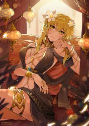 Rule 34 | 1girl, armlet, artist name, bad id, bad pixiv id, black dress, black nails, blonde hair, bracelet, breasts, cleavage, closed mouth, diamond (shape), dress, flower, genshin impact, hair flower, hair ornament, highres, jewelry, large breasts, looking to the side, lumine (genshin impact), nail polish, quinny il, short hair with long locks, sitting, solo, tassel, thighlet, yellow eyes