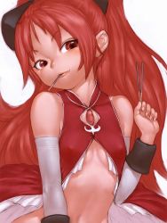 Rule 34 | 10s, 1girl, bare shoulders, bow, covered erect nipples, face, fang, flat chest, fumio (rsqkr), hair bow, hair ornament, lips, long hair, mahou shoujo madoka magica, mahou shoujo madoka magica (anime), no bra, red eyes, red hair, sakura kyoko, simple background, sketch, solo