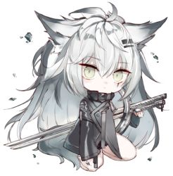 Rule 34 | 1girl, animal ear fluff, animal ears, arknights, arm guards, black jacket, closed mouth, commentary request, full body, green eyes, hair between eyes, hair ornament, hairclip, jacket, katana, kotatu (akaki01aoki00), lappland (arknights), light smile, long hair, long sleeves, looking at viewer, material growth, oripathy lesion (arknights), scar, scar across eye, scar on face, seiza, silver hair, simple background, sitting, sleeves past fingers, sleeves past wrists, solo, sword, tail, very long hair, weapon, white background, wide sleeves