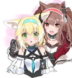 Rule 34 | 2girls, angelina (arknights), animal ear fluff, animal ears, arknights, bare shoulders, black gloves, blonde hair, blush, brown eyes, brown hair, choker, collarbone, crossed bangs, dress, fatkewell, fox ears, frilled dress, frills, gloves, green eyes, hairband, hand up, holding, id card, infection monitor (arknights), long hair, long sleeves, looking at viewer, material growth, medium hair, multicolored hair, multiple girls, off shoulder, open mouth, oripathy lesion (arknights), sidelocks, suzuran (arknights), teeth, two-tone hair, upper body, upper teeth only, white background
