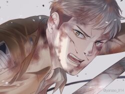 Rule 34 | 1boy, blonde hair, blood, blood on face, brown eyes, brown hair, brown jacket, bruise, bruise on face, commentary request, dirty, dirty face, injury, jacket, jean kirstein, male focus, multicolored hair, nosebleed, open mouth, portrait, serious, shingeki no kyojin, solo, survey corps (emblem), sword, twitter username, two-tone hair, weapon, yanase 814