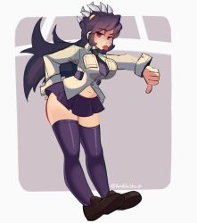 Rule 34 | 1girl, absurdres, ass, belly, black hair, black skirt, breasts, bumblesteak, extra mouth, filia (skullgirls), highres, large breasts, living hair, long hair, necktie, nose, plump, prehensile hair, red eyes, shoes, simple background, skirt, skullgirls, solo, standing, thick thighs, thighhighs, thighs, thumbs down, tongue