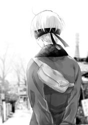 Rule 34 | 1boy, arms behind back, bag, black blindfold, blindfold, blurry, blurry background, day, from behind, grey shirt, greyscale, long sleeves, male focus, mellow rag, monochrome, monochrome, nier (series), nier:automata, outdoors, shirt, solo, standing, sunlight, tree, 9s (nier:automata)