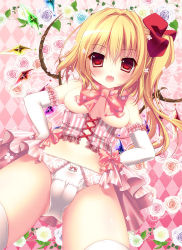 Rule 34 | 1girl, :d, argyle, argyle background, argyle clothes, bare shoulders, blonde hair, blush, breasts, corset, fang, female focus, flandre scarlet, hands on own hips, kino (kino konomi), kino konomi, looking at viewer, no bra, open mouth, panties, red eyes, side ponytail, smile, solo, thighhighs, touhou, underboob, underwear, white panties, white thighhighs, wings