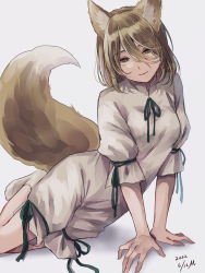 Rule 34 | 1girl, animal ear fluff, animal ears, arm support, blonde hair, closed mouth, commentary, dated, fox ears, fox girl, fox tail, full body, green ribbon, hair between eyes, highres, kudamaki tsukasa, looking at viewer, m (neteitai10), medium hair, ribbon, signature, simple background, smile, socks, solo, tail, touhou, white background, white romper, white socks, yellow eyes