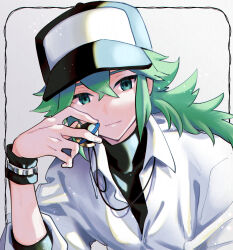 Rule 34 | 1boy, baseball cap, black hat, black undershirt, black wristband, closed mouth, collared shirt, commentary request, creatures (company), game freak, green eyes, green hair, hair between eyes, hand up, hat, highres, hii (hii101), holding, jewelry, long hair, looking at viewer, male focus, n (pokemon), necklace, nintendo, pokemon, pokemon bw, shirt, smile, solo, undershirt, upper body, wristband