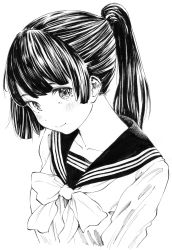 Rule 34 | 1girl, absurdres, arms at sides, black sailor collar, blush, closed mouth, commentary request, gagaimo, greyscale, highres, long sleeves, looking at viewer, monochrome, original, ponytail, sailor collar, school uniform, serafuku, smile, solo