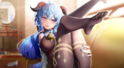 Rule 34 | 1girl, absurdres, arm support, ass, atom b, black pantyhose, blue hair, blue nails, breasts, feet, ganyu (genshin impact), genshin impact, goat horns, highres, horns, large breasts, legs up, long hair, looking at viewer, nail polish, neck bell, no shoes, pantyhose, parted lips, shiny clothes, shoes, sitting, smile, soles, solo, thighs, toes, unworn shoes, very long hair