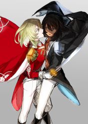 Rule 34 | 10s, 2girls, andou (girls und panzer), andre grandier, andre grandier (cosplay), artoria pendragon (fate), black cape, black hair, black jacket, blonde hair, blue eyes, brown eyes, cape, coattails, cosplay, dark-skinned female, dark skin, epaulettes, fate (series), flower, girls und panzer, gloves, grey background, highres, holding, holding sword, holding weapon, hug, itou (golem inc), jacket, long sleeves, looking at another, medium hair, messy hair, multiple girls, open mouth, oscar francois de jarjayes, oscar francois de jarjayes (cosplay), oshida (girls und panzer), pants, red cape, red jacket, rose, saber (weapon), sash, simple background, smile, straddling, sword, versailles no bara, weapon, white flower, white gloves, white pants, white rose, wind, yuri