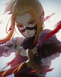 Rule 34 | 10s, 1girl, armor, artist name, asymmetrical gloves, blonde hair, blurry, breasts, depth of field, eyelashes, fingerless gloves, gloves, glowing, glowing weapon, gradient background, hair intakes, holding, holding sword, holding weapon, horobi (kabaneri), ilya kuvshinov (style), koutetsujou no kabaneri, koyorin, long hair, looking at viewer, motion blur, outstretched arm, parted lips, pink lips, ponytail, red eyes, solo, sword, tumblr username, uneven gloves, upper body, watermark, weapon, web address