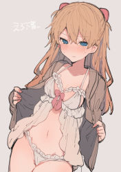 1girl babydoll blue_eyes blush bow breasts brown_background brown_hair brown_jacket cleavage collarbone cowboy_shot frown ikeuchi_tanuma jacket lingerie long_hair long_sleeves looking_at_viewer medium_breasts navel neon_genesis_evangelion open_clothes open_jacket panties parted_lips red_bow sketch solo souryuu_asuka_langley stomach thighs underwear white_panties